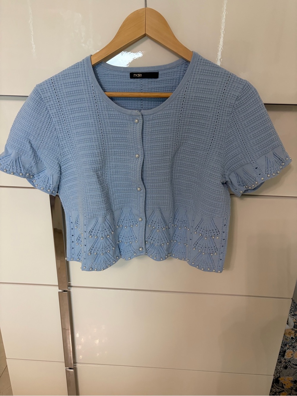 Maje Powder Blue Knit Short Sleeve Cardigan with Pearl Buttons